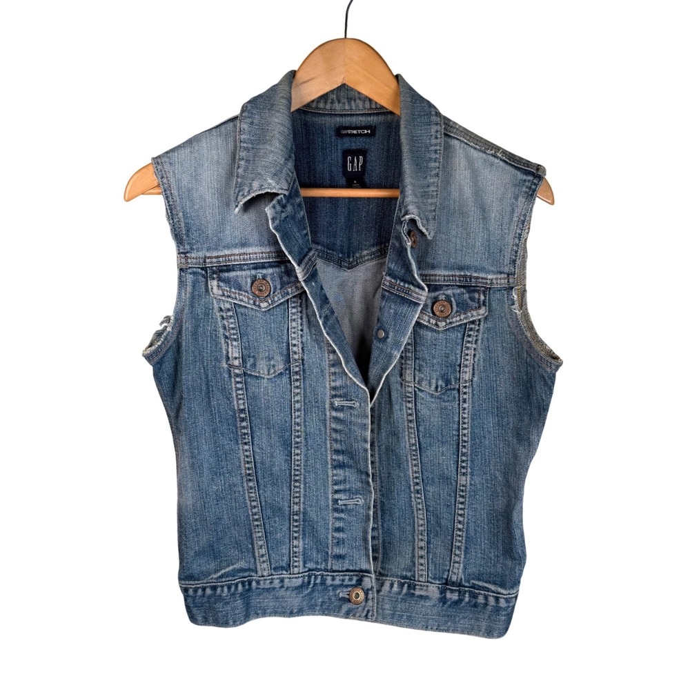 Gap Denim Vest Womens Medium Blue Raw Hem Stretch Jean Trucker‎ Grunge 90s Edgy
